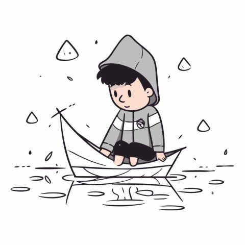 illustration of a boy with a paper boat on the river.