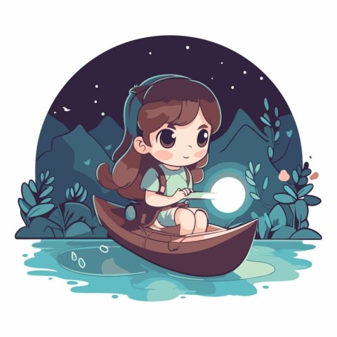 Cute little girl in a boat at night.