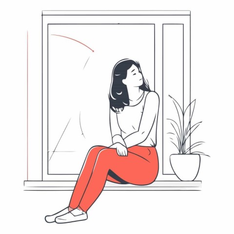 Sad woman sitting on the windowsill in sketch style.