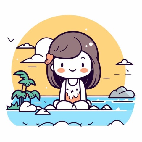 Cute girl in the sea in cartoon style.