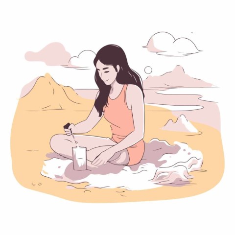 Young woman sitting on the sand in the desert with a bottle of s