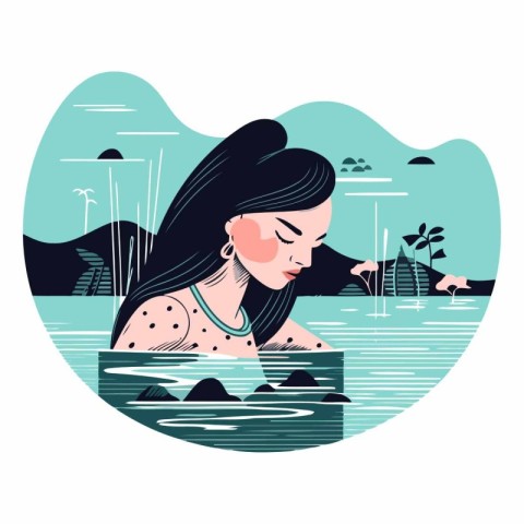 Beautiful young woman in the water in a flat style.