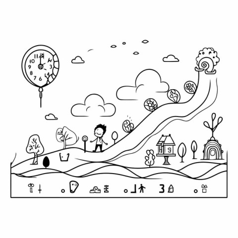 Vector illustration of a children's drawing of a landscape with