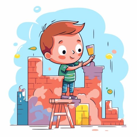 Cute little boy painting a brick wall. Vector cartoon illustrati