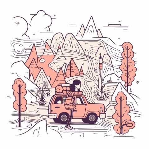 Traveling by car in the mountains. Vector line art illustration.