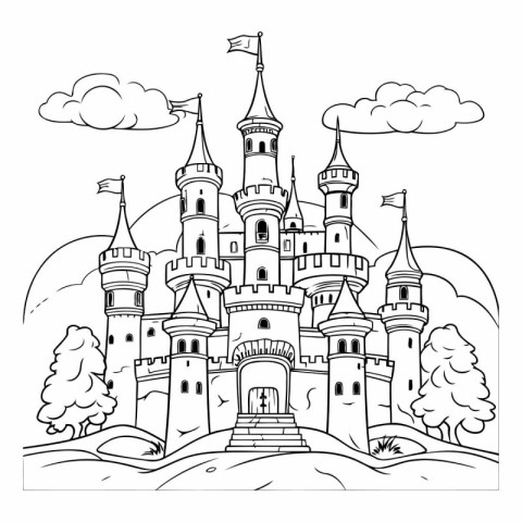 Cartoon castle for coloring book. Black and white