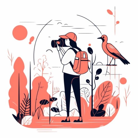 Photographer with camera and bird in flat style.