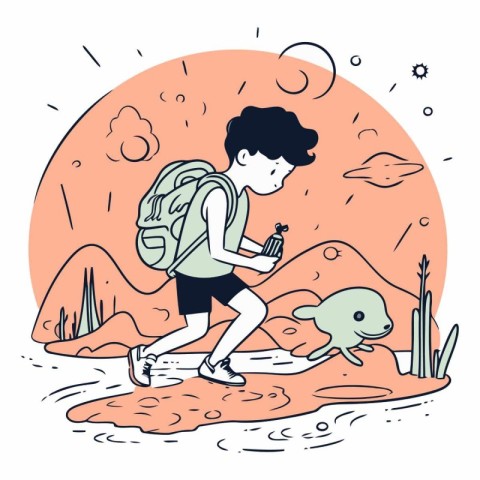 Vector illustration of a boy with a backpack and a dog on the be