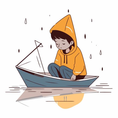 Boy in raincoat sitting on the boat in cartoon style.