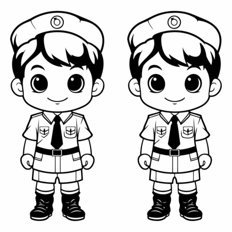 Boy and girl in police uniform. Black and white vector illustrat