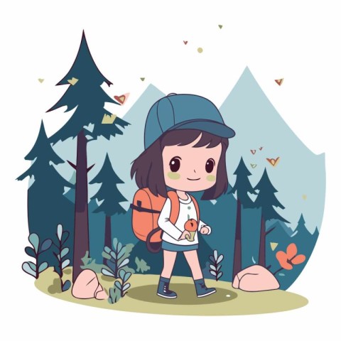 Cute little girl with backpack hiking in the forest