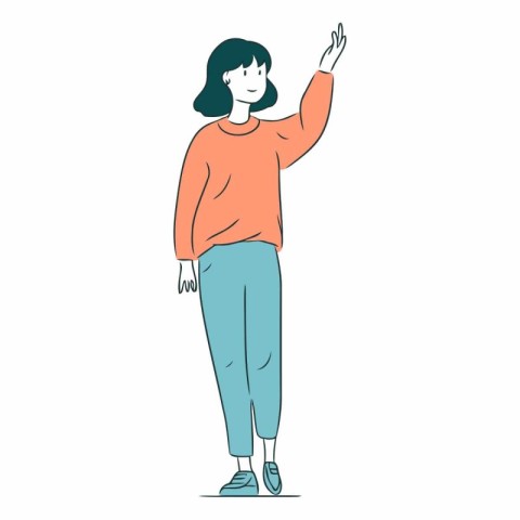 Vector illustration of a young woman in casual clothes waving he