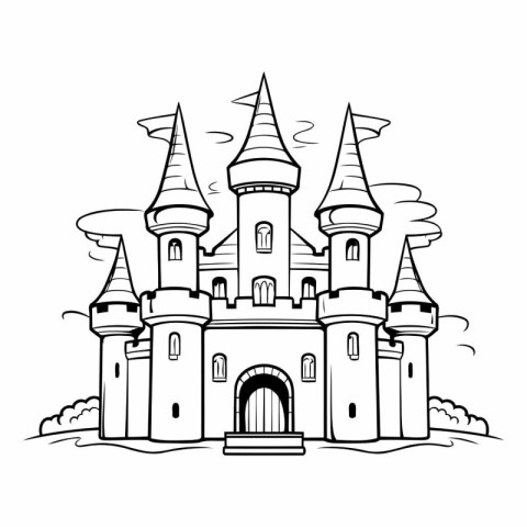 Fairytale castle. Black and white vector illustration for colori