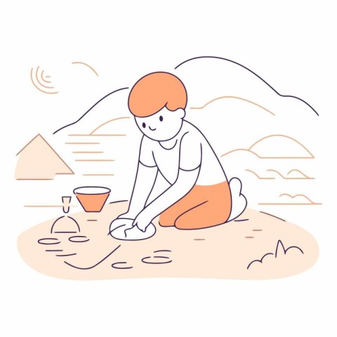 Little boy playing with sand at the beach. flat vector illustrat