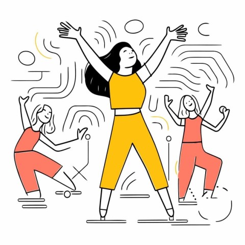 Happy people dancing at party. Flat line art style.