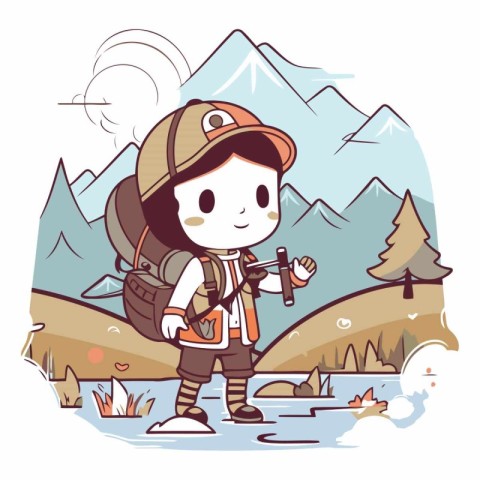 Cute little boy hiker hiking in the mountains