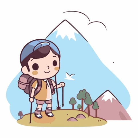 Boy with backpack hiking in the mountains in cartoon style.