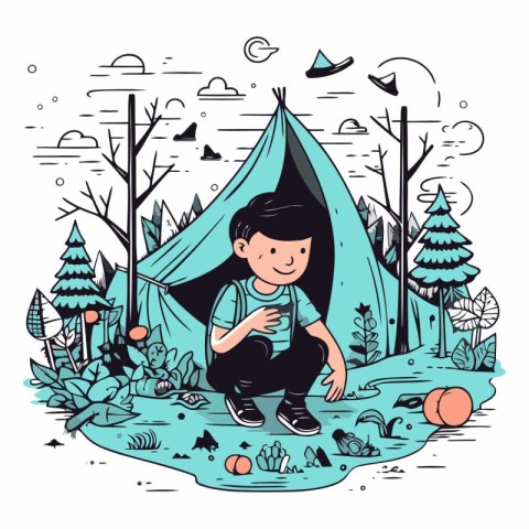 Cute little boy sitting in a tent in the forest.