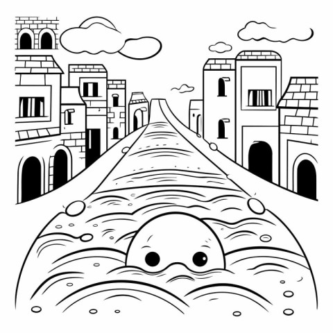 Black and White Cartoon Illustration of a Road Surrounded by Old