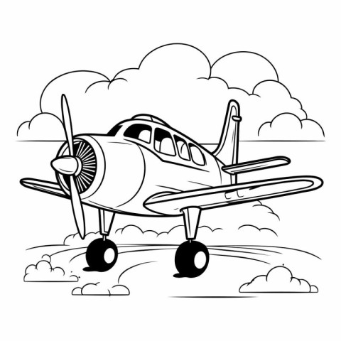 airplane flying with clouds icon cartoon in black and white vect