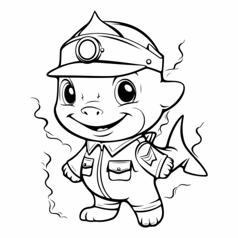 Black and White Cartoon Illustration of Cute Little Boy Fireman