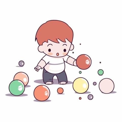 Cute little boy playing with colorful balls in cartoon style.