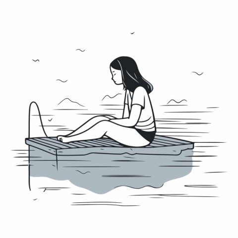 Girl sitting on a wooden pier in the water.