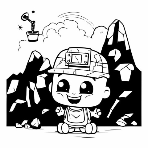 Cute cartoon miner in the mountains. Black and white.