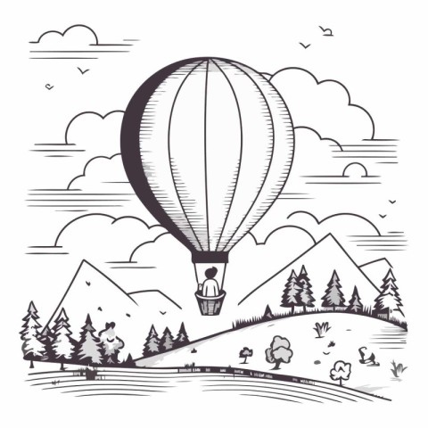 Vector illustration of hot air balloon flying over mountain land