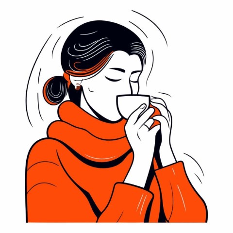 Young woman with a cup of hot drink. vector cartoon illustration