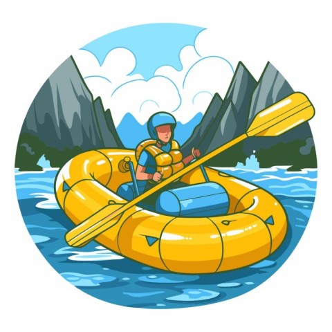 Man in inflatable boat on mountain river. Cartoon vector illustr