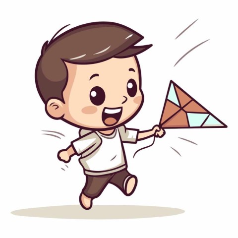 Cute Kid Playing With A Kite - Cartoon Vector Illustration