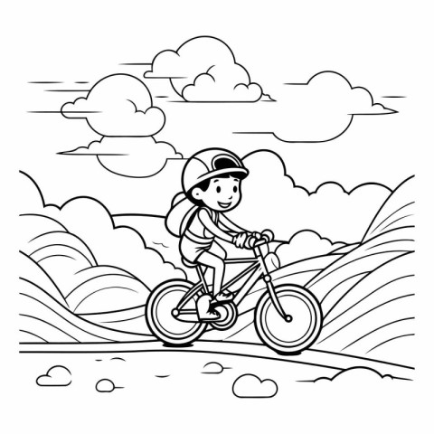 Boy riding a bike in the countryside. black and white vector ill