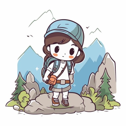 Illustration of a Cute Girl Hiking in the Mountains.