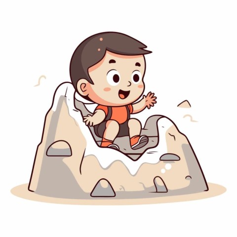 Little boy playing on the rock of a cartoon character.