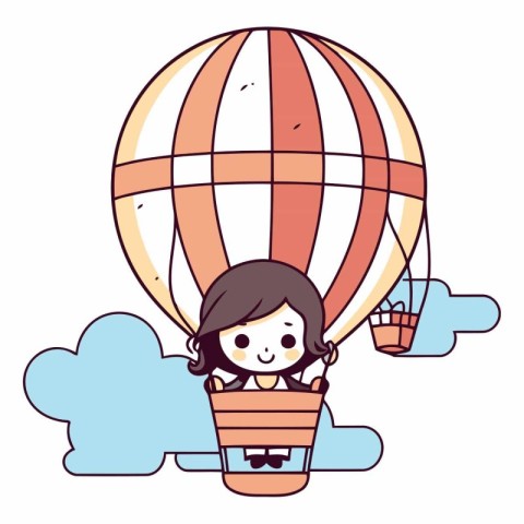 cute little girl flying hot air balloon cartoon vector illustrat