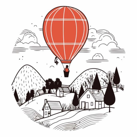 Hot air balloon flying over the village. Hand drawn vector illus