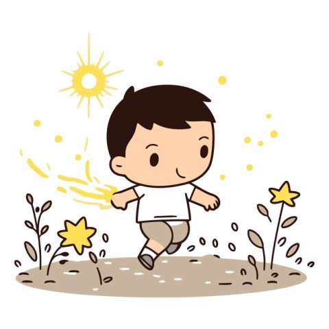 Boy running in the field with sun and flowers.