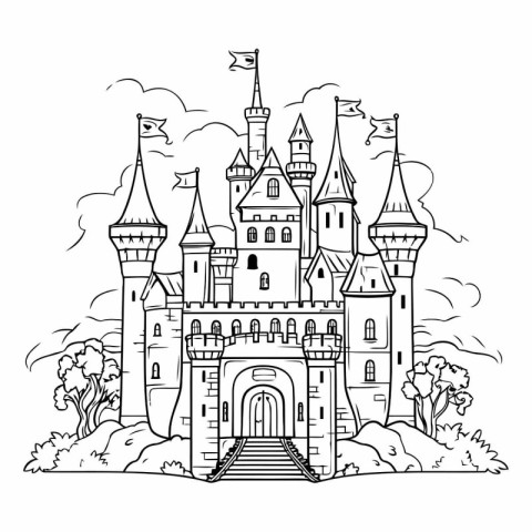 Fairytale castle. Fairy tale castle. Black and white vector illu