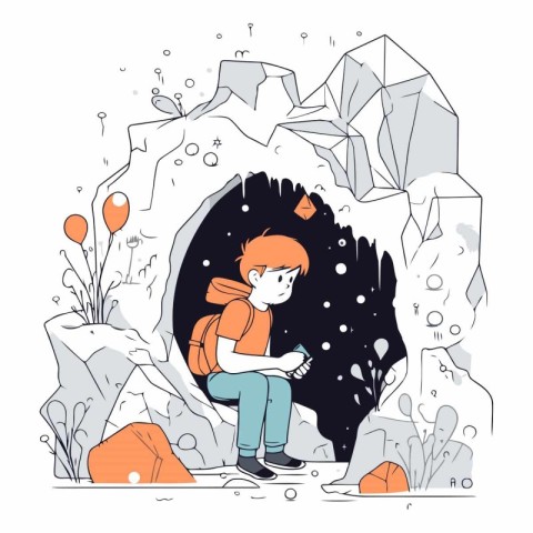 Vector illustration of a boy with a backpack sitting in a cave.