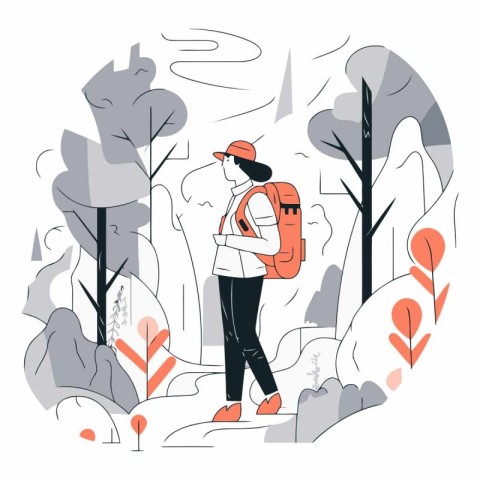 Young man with backpack hiking in the forest. Flat vector illust