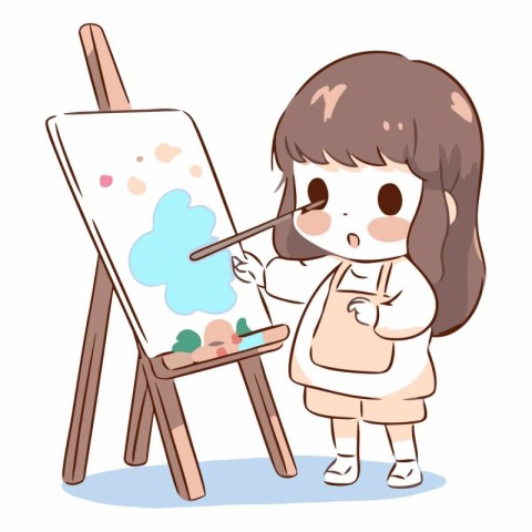 cute girl painting on easel with paintbrush vector illustration.