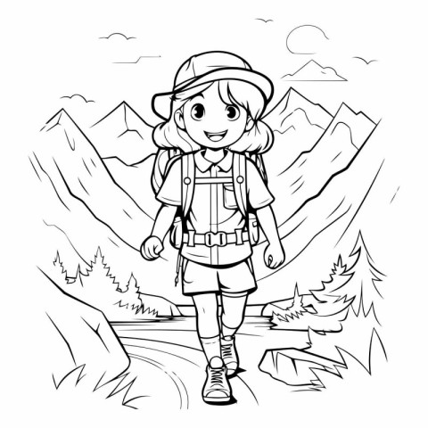 Outdoor hiker girl with backpack and hat.