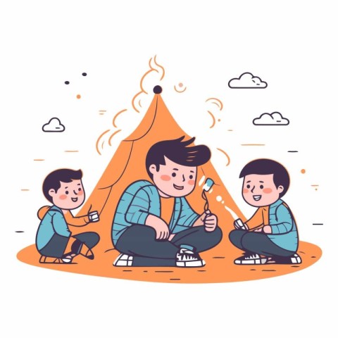 Camping with friends. Flat style vector illustration on white ba