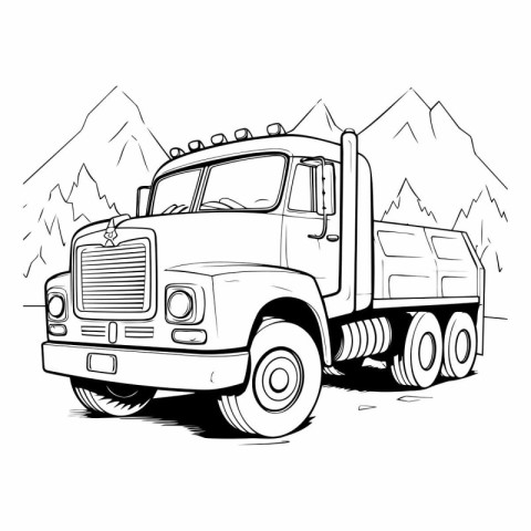 Vector illustration of a truck in the mountains. Monochrome imag