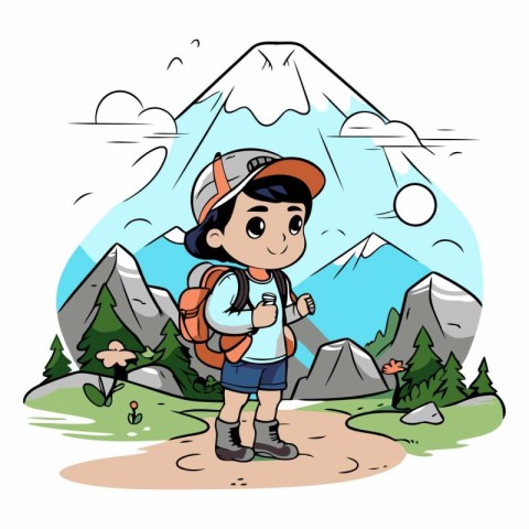 Cute little boy hiking in the mountains. Vector cartoon illustra