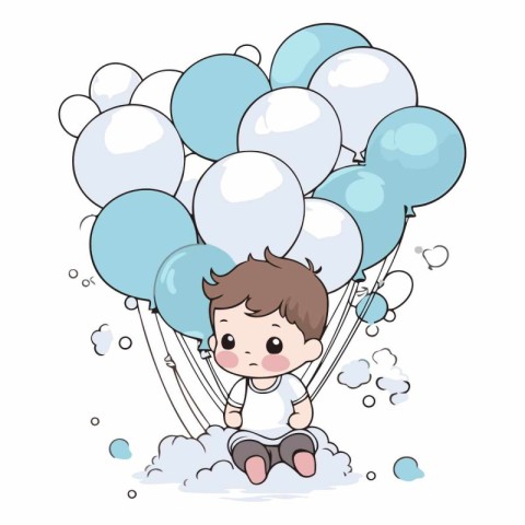 Cute boy sitting on the cloud with balloons.