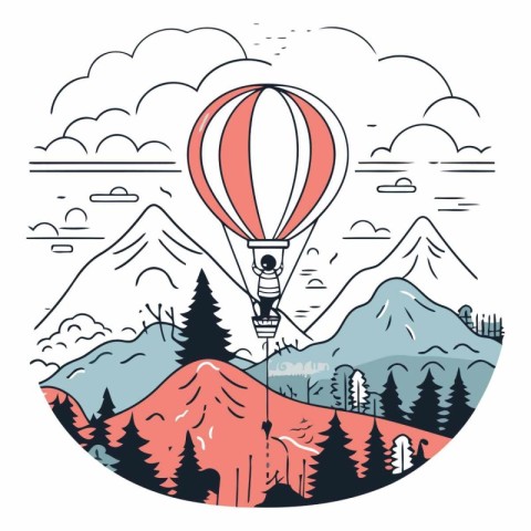 Hand drawn vector illustration of a hot air balloon flying over