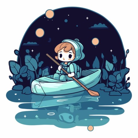 Illustration of a boy in a boat on a lake at night