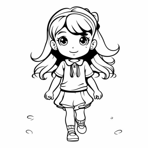 Cute little girl in school uniform. black and white vector illus